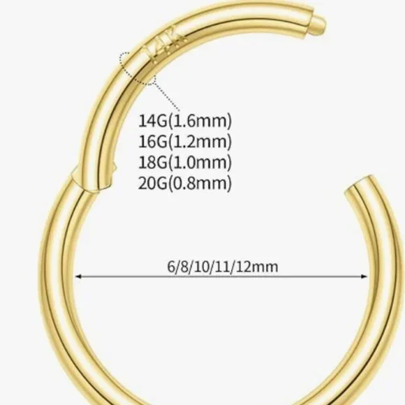 NIB 14K Solid Gold Nose Ring Septum Ring Conch Piercing Jewelry 16g 8mm - Picture 2 of 3